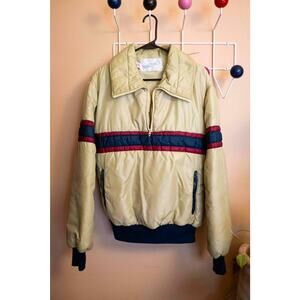 Swing west tan blue and red 3/4 zip puffer jacket made in USA. 23" ptp 26" sth.